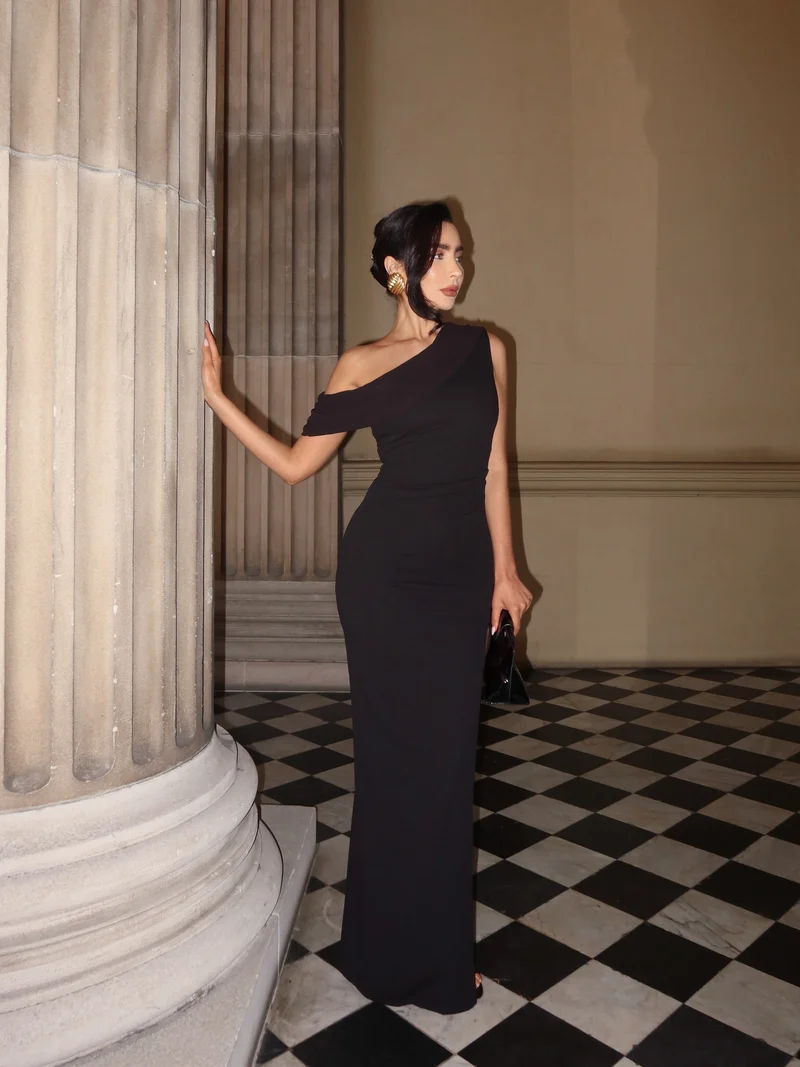 Helen Maxi Dress - One Shoulder Draped Fitted Dress in Black