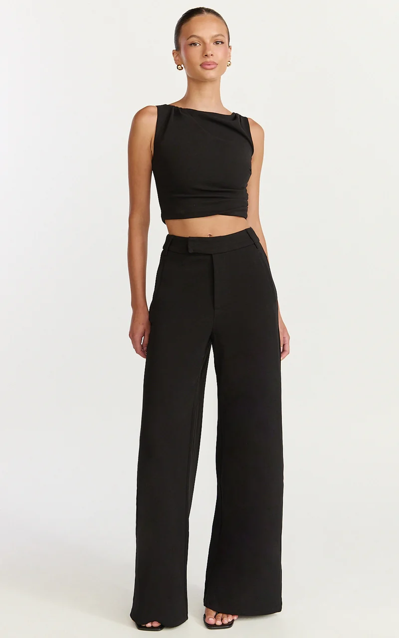 Helen Two Piece Set - Crepe Twisted Top And Wide Leg Pants in Black
