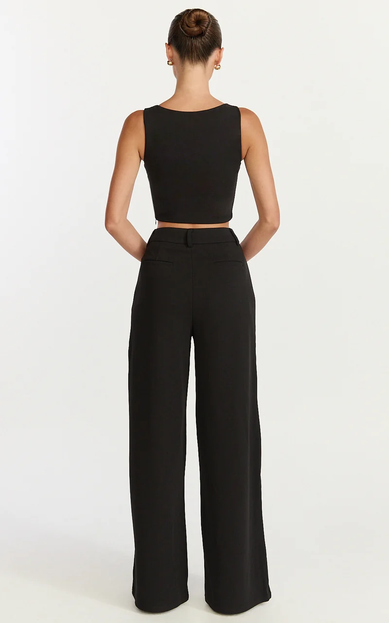 Helen Two Piece Set - Crepe Twisted Top And Wide Leg Pants in Black