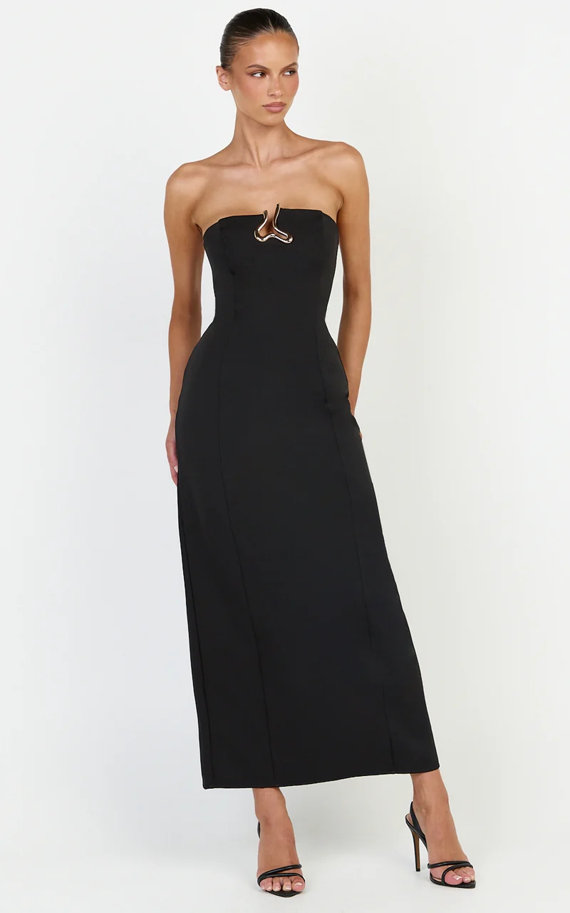 Aurea Maxi Dress - Strapless Gold Trim Column Dress in Black