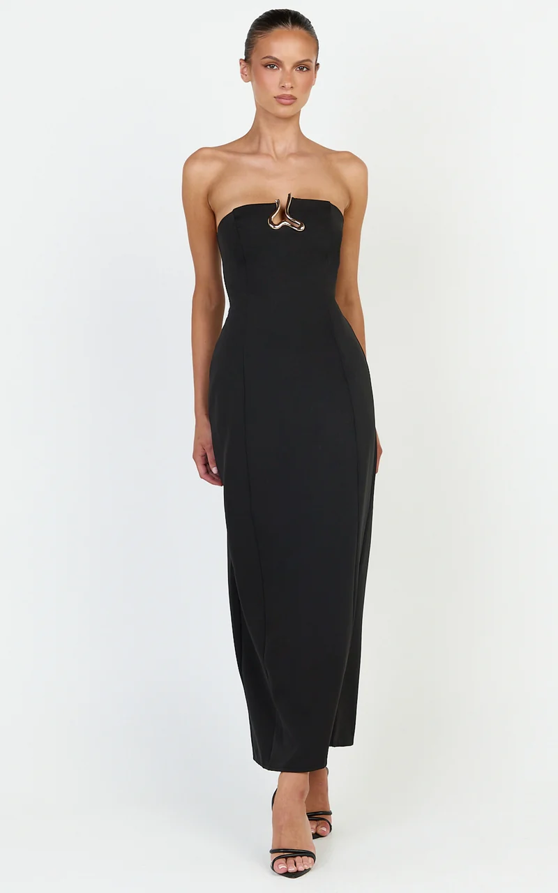 Aurea Maxi Dress - Strapless Gold Trim Column Dress in Black