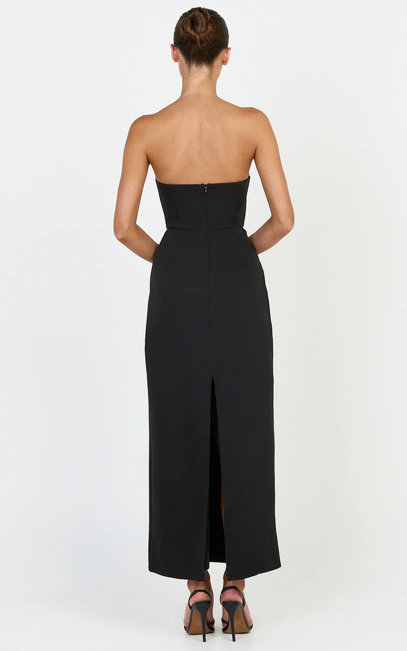 Aurea Maxi Dress - Strapless Gold Trim Column Dress in Black