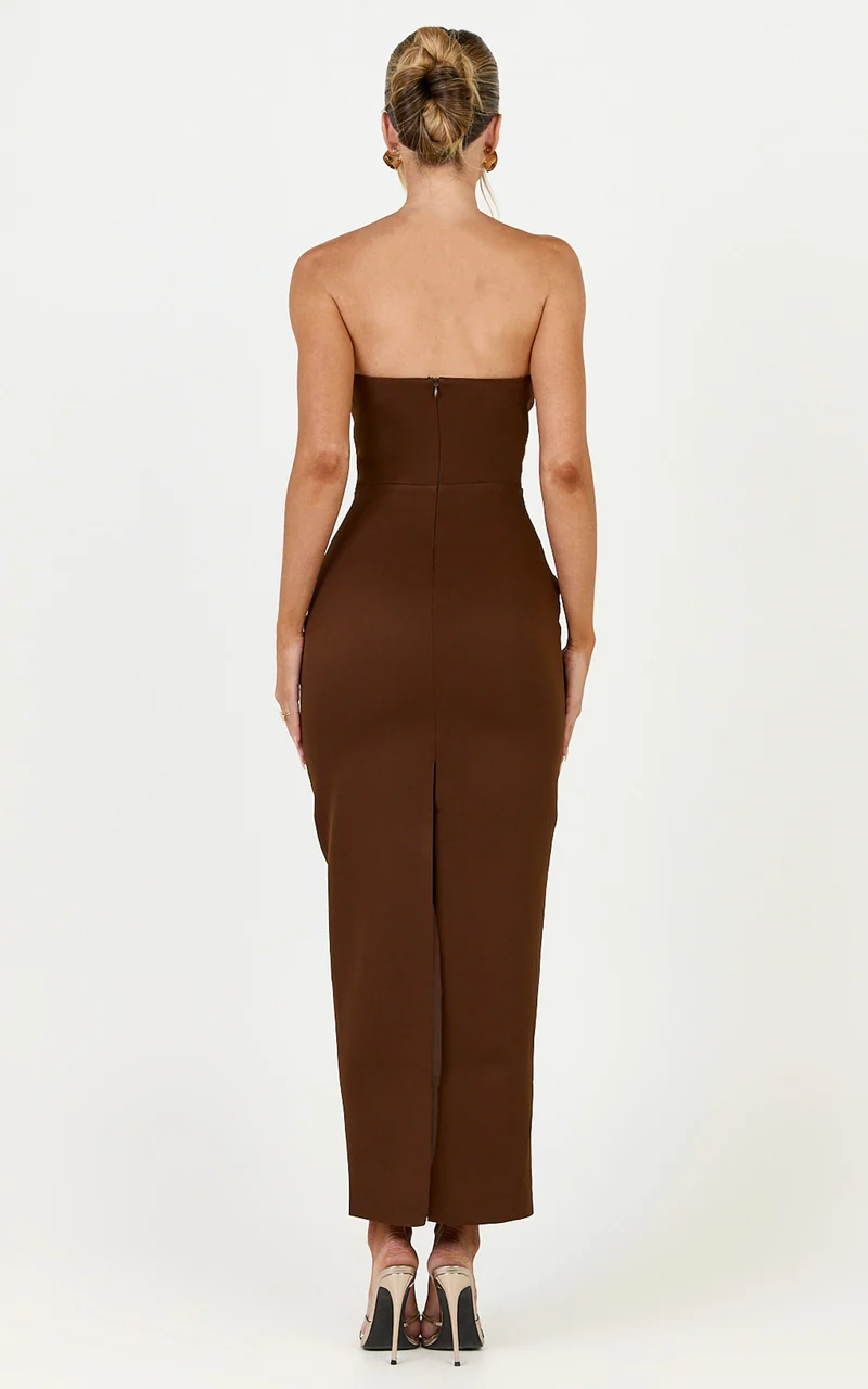 Dessa Midi Dress - Strapless Column Dress in Chocolate
