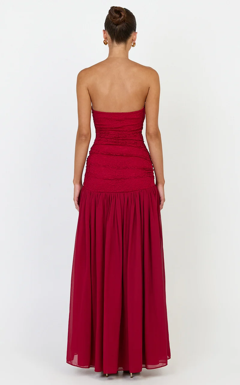 Kyra Maxi Dress - Strapless Lace Bodice Contrast Skirt Dress in Wine