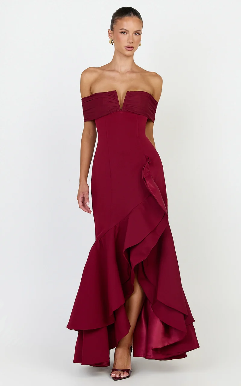 Vienna Maxi Dress - Off Shoulder Ruffle Hem Dress in Wine