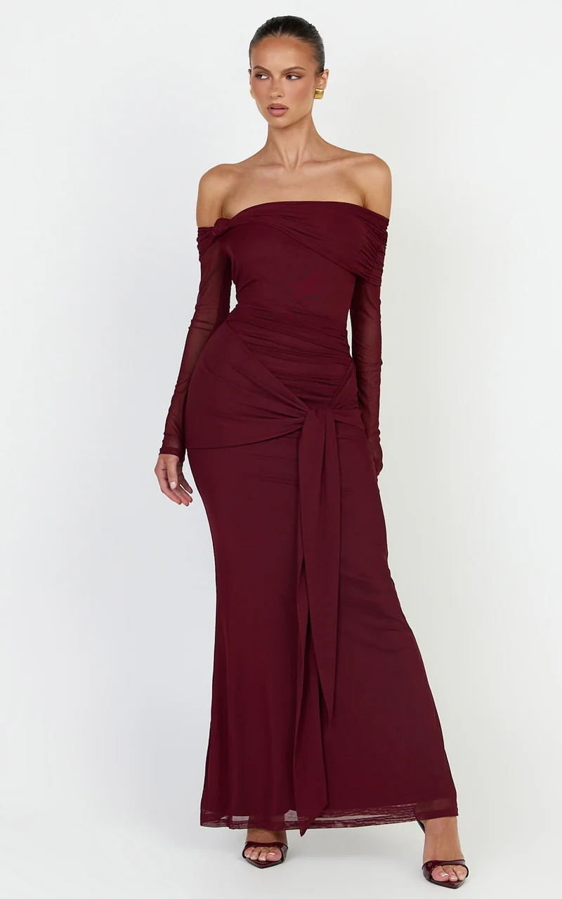 Waverly Maxi Dress - Long Sleeve Off Shoulder Dress in Wine