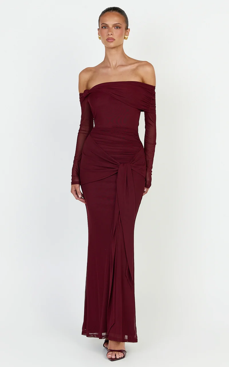 Waverly Maxi Dress - Long Sleeve Off Shoulder Dress in Wine
