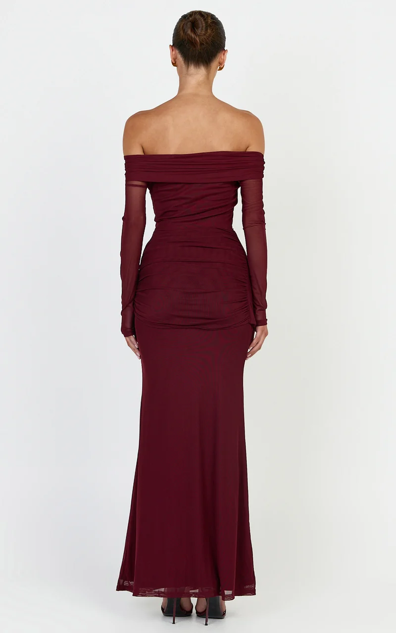 Waverly Maxi Dress - Long Sleeve Off Shoulder Dress in Wine