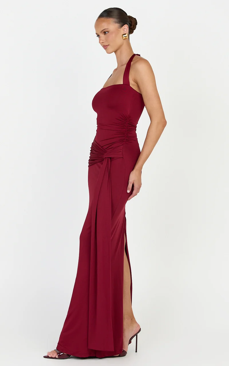 Amaya Maxi Dress - Draped Sash Halter Dress in Burgundy