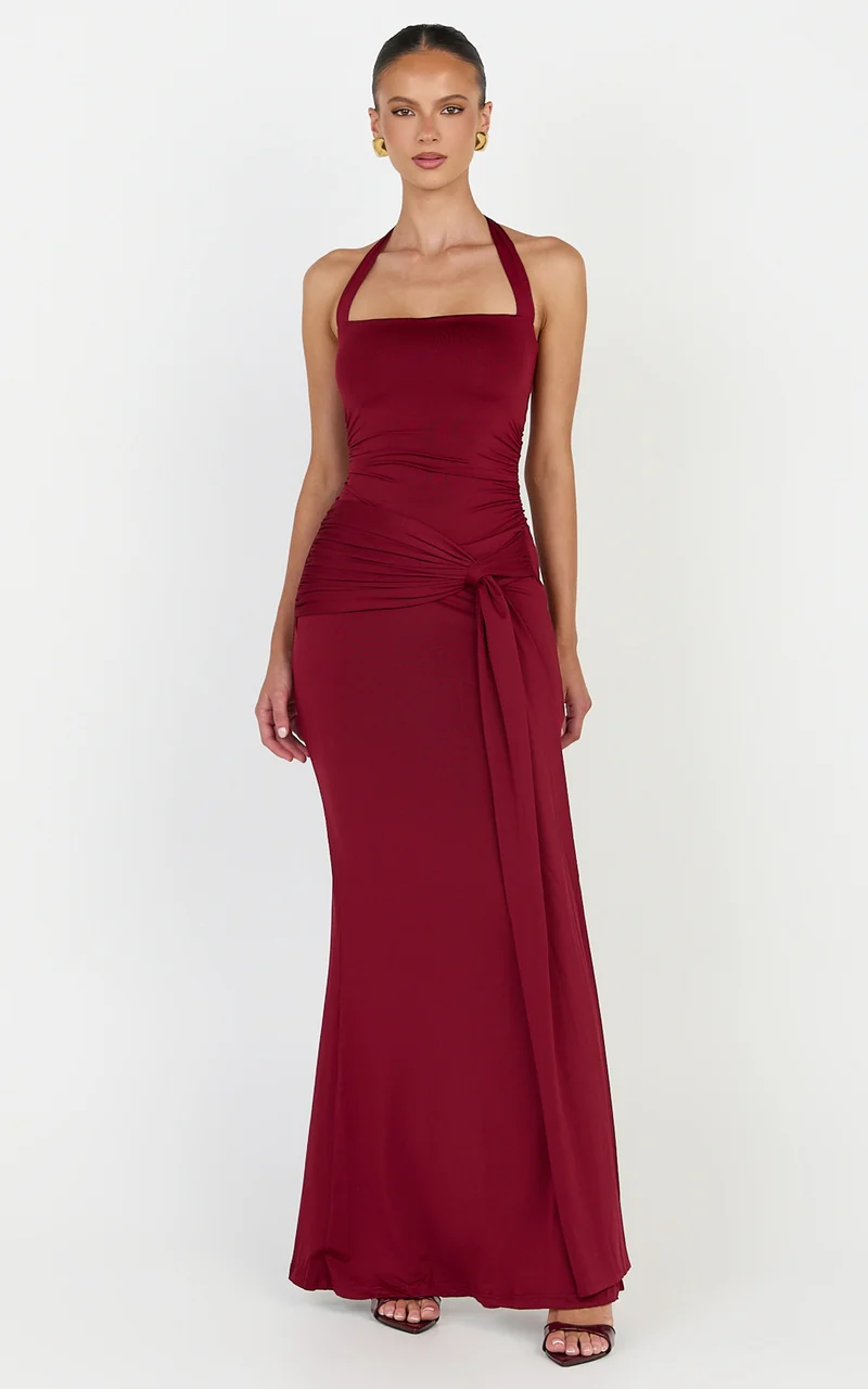Amaya Maxi Dress - Draped Sash Halter Dress in Burgundy