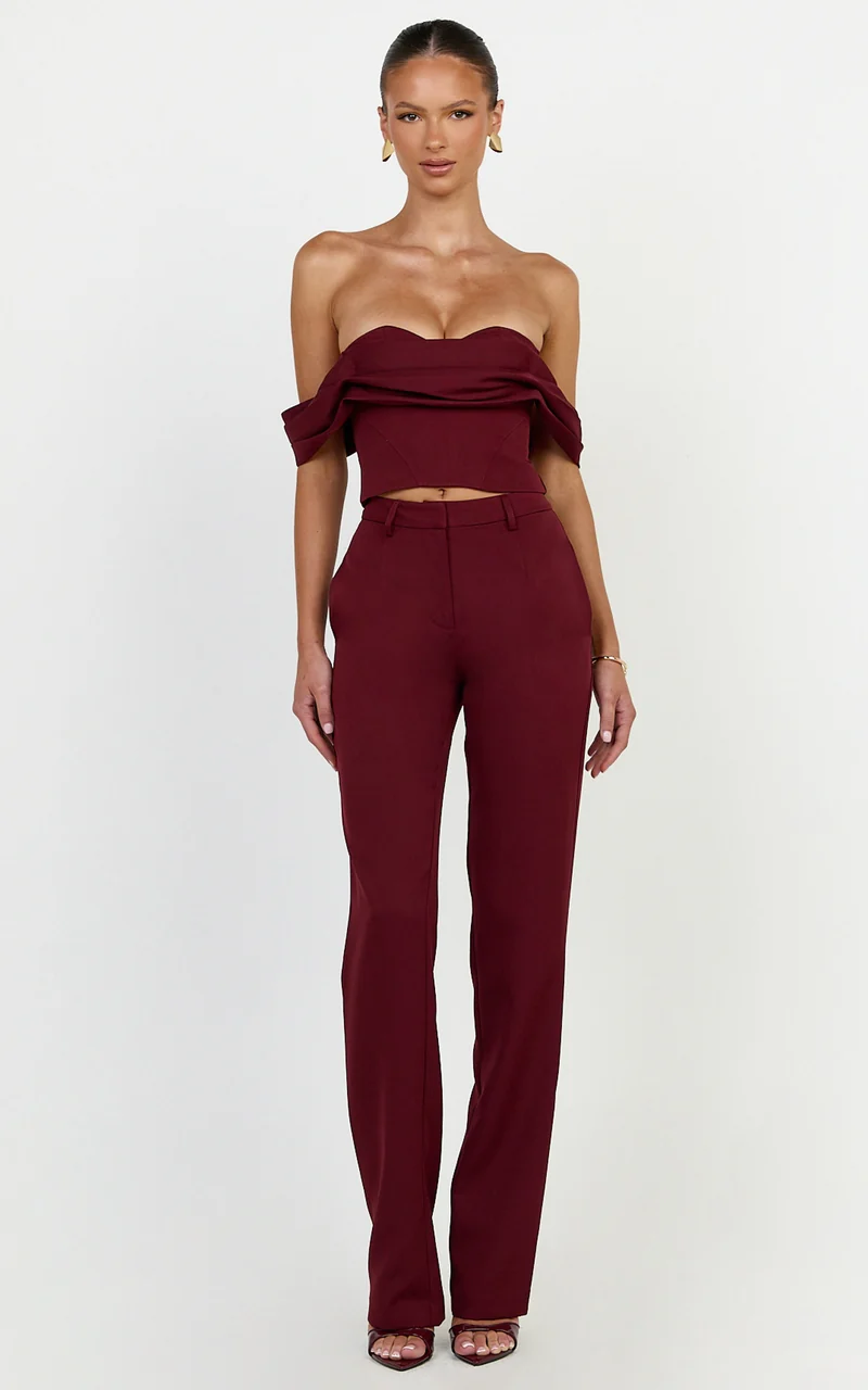 Zinnia Two Piece Top and Pants Set - Off Shoulder Top and Straight Leg Pants in Wine