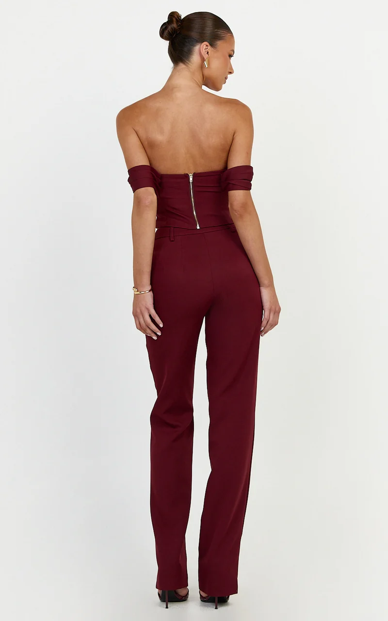 Zinnia Two Piece Top and Pants Set - Off Shoulder Top and Straight Leg Pants in Wine
