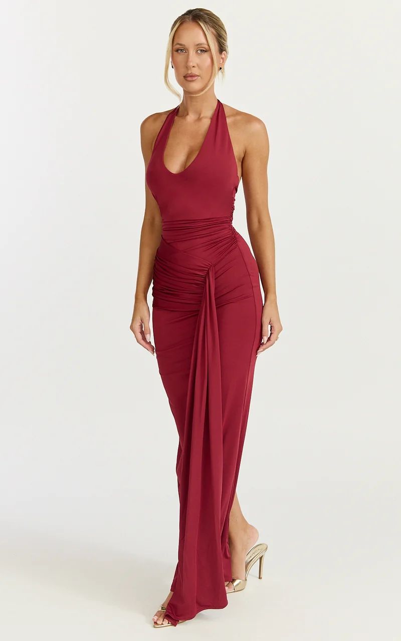Dixie Maxi Dress - Plunge Halter Low Back Dress in Wine