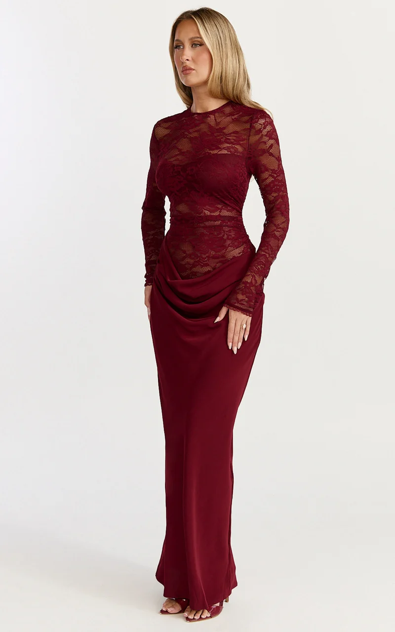 Crisanta Maxi Dress - Long Sleeve Contrast Lace Bodycon Dress in Wine