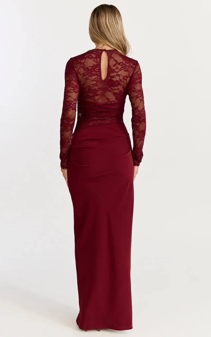 Crisanta Maxi Dress - Long Sleeve Contrast Lace Bodycon Dress in Wine