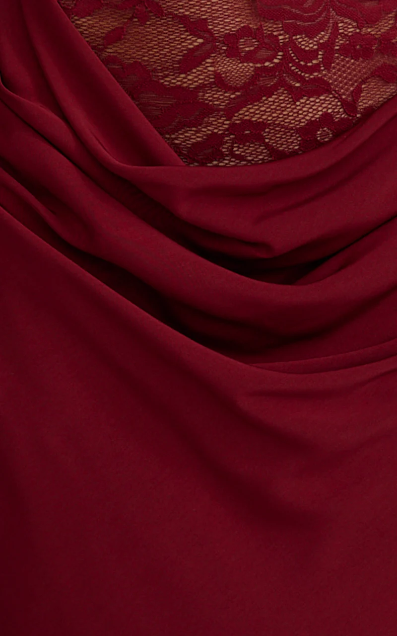 Crisanta Maxi Dress - Long Sleeve Contrast Lace Bodycon Dress in Wine