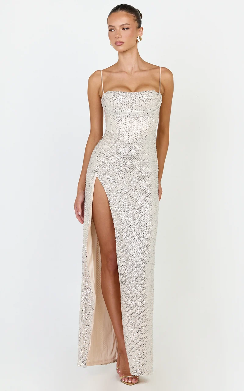 Cora Maxi Dress - Corset Bodice Draped Skirt Sequin Dress in Nude