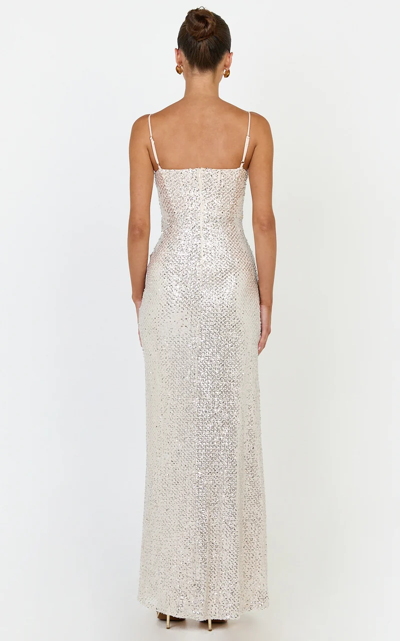 Cora Maxi Dress - Corset Bodice Draped Skirt Sequin Dress in Nude