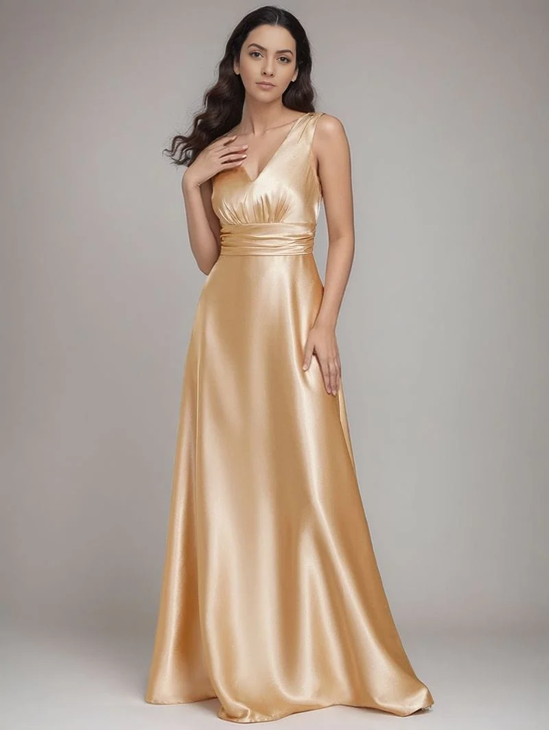 Robe de soirée longue satinée couleur champagne