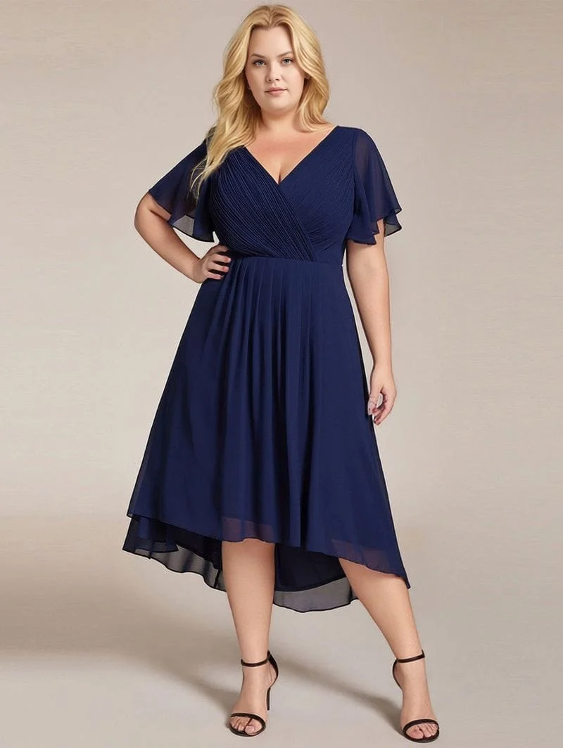 Robe d'invitée au mariage bleu asymétrique à volants