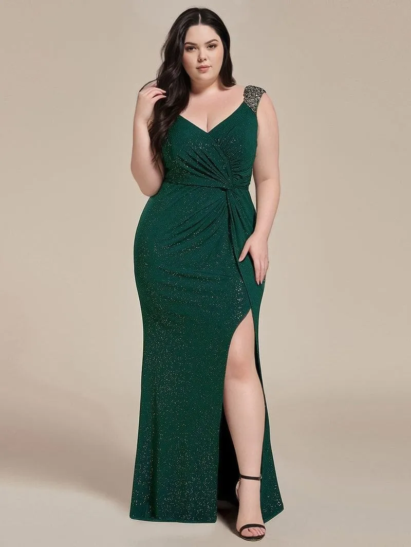 Robe de soirée verte fendue grande taille