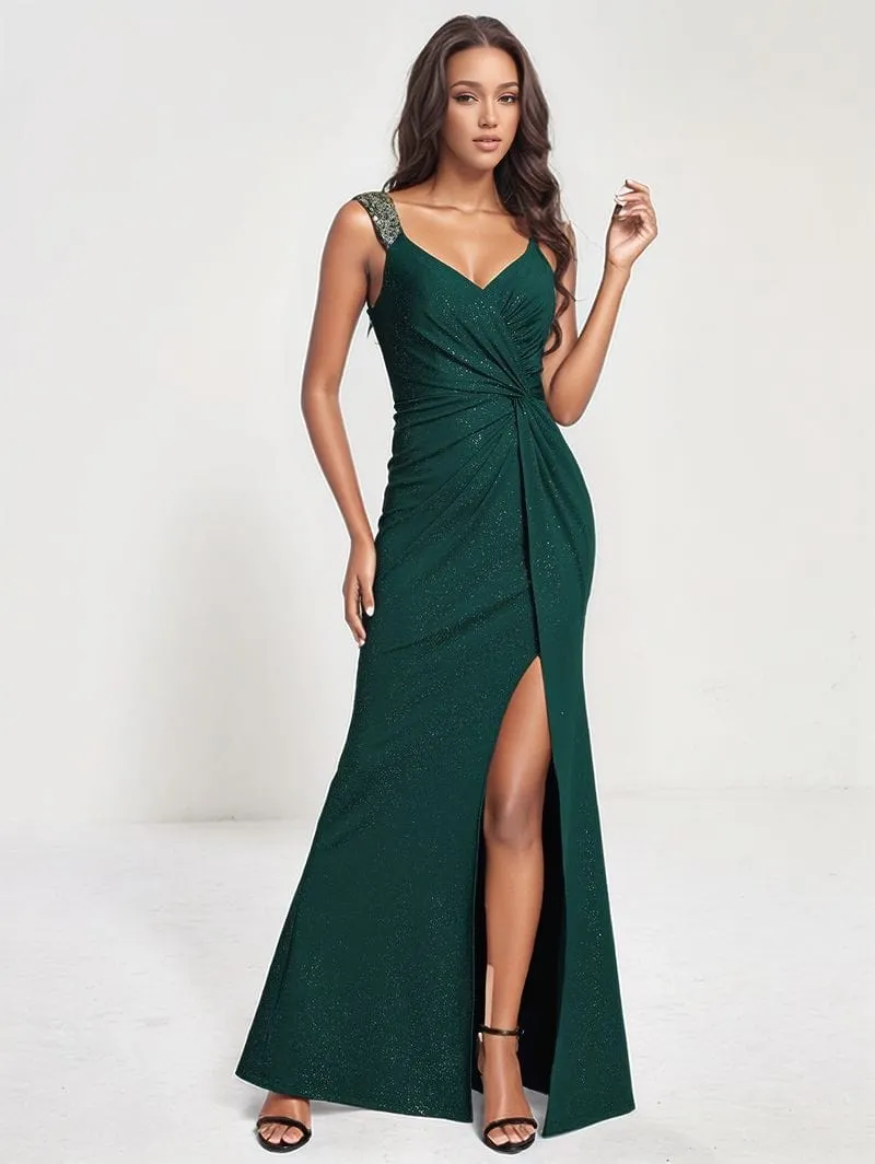 Robe de soirée verte scintillante fendue