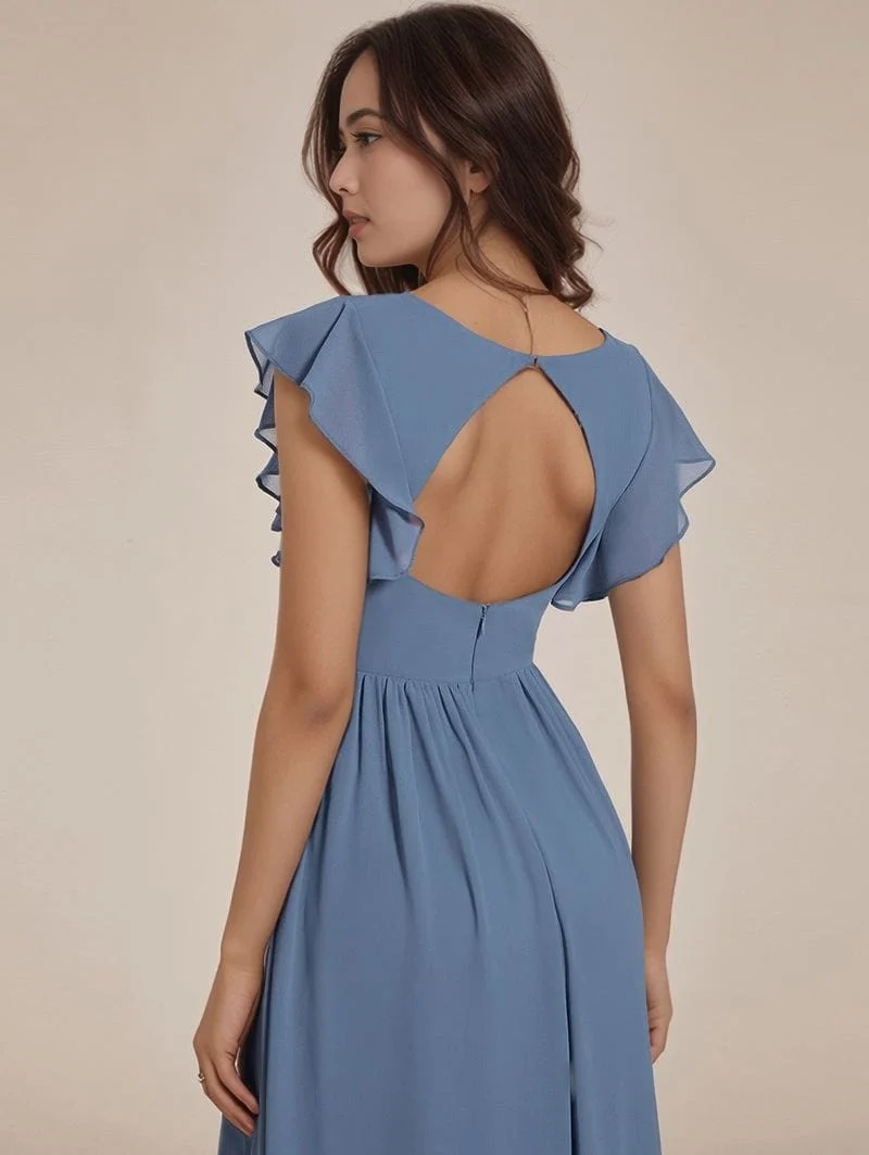 Robe demoiselle d'honneur bleue longue avec ceinture et volants