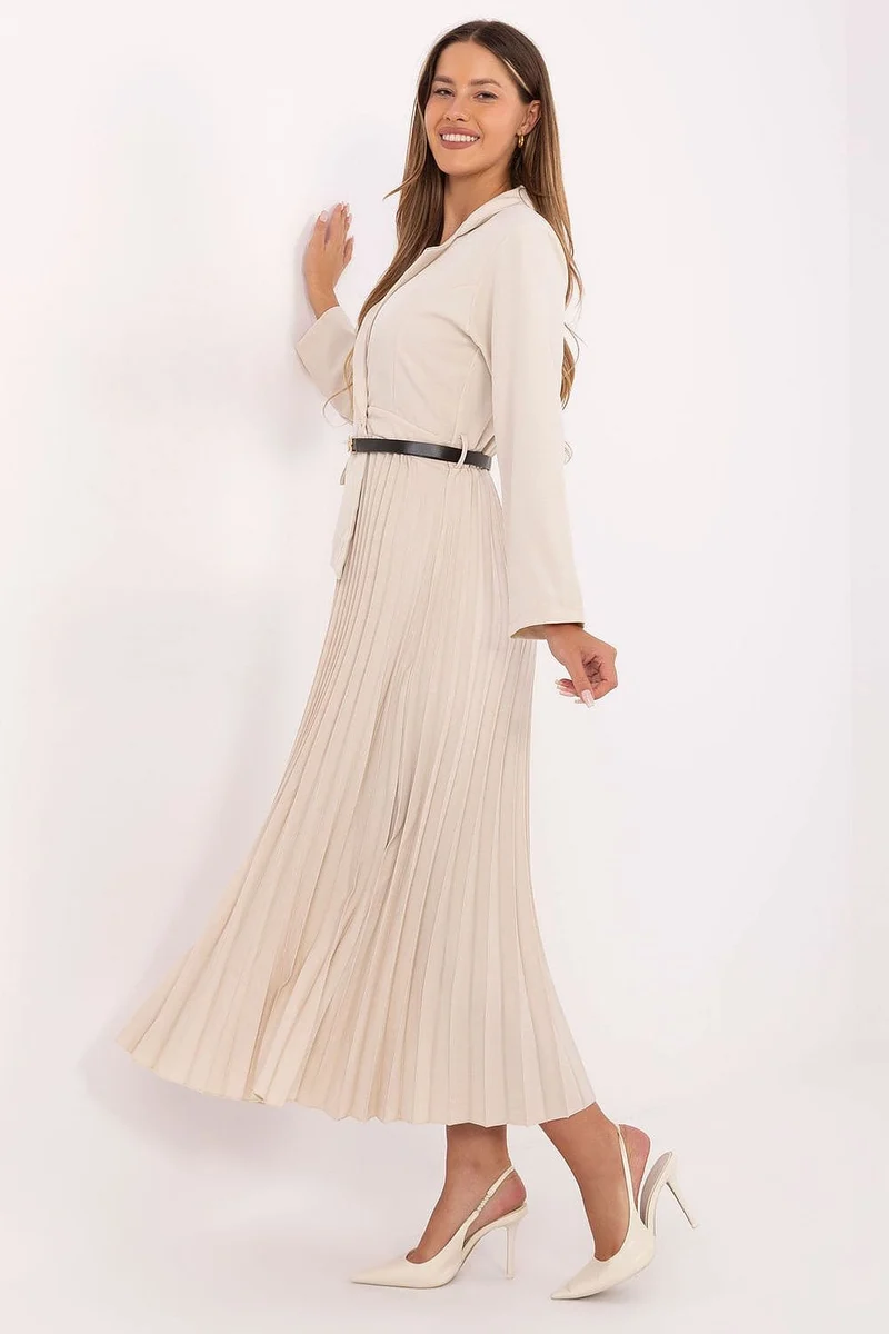 Robe blazer beige midi plissée manches longues