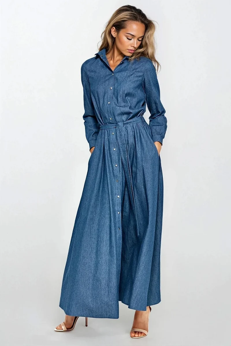 Robe chemise en jean longue manches longues