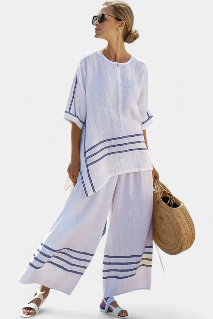 Vittorina – haut asymétrique à rayures sophistiqué et pantalons audacieux
