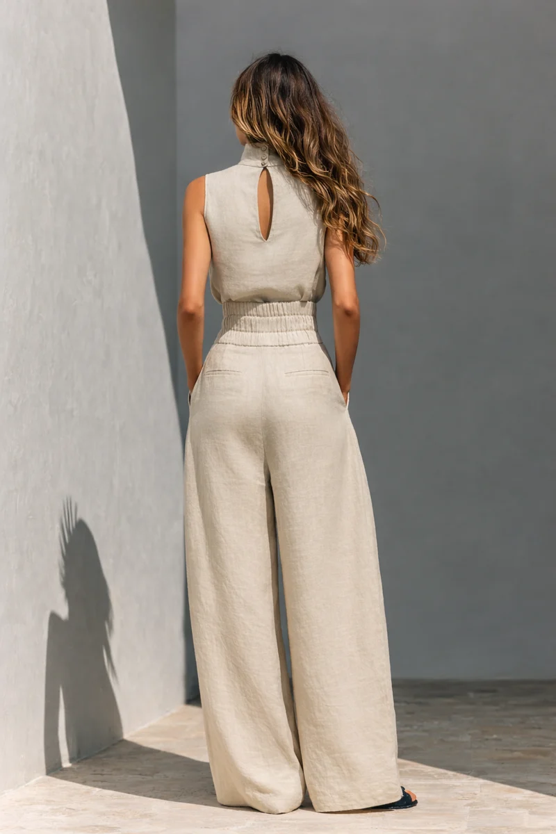 Marie - Ensemble débardeur et pantalon large en coton et lin minimaliste pour femme
