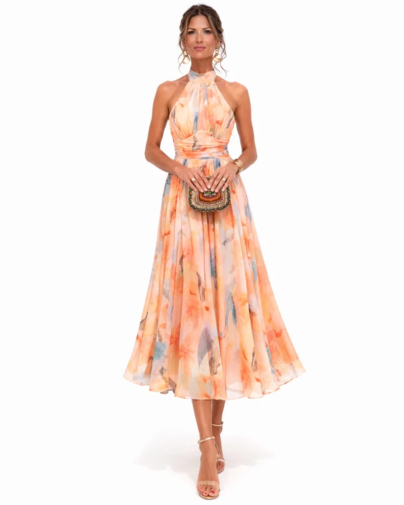 Aurore | Robe à Encolure Halter et Imprimé Aquarelle