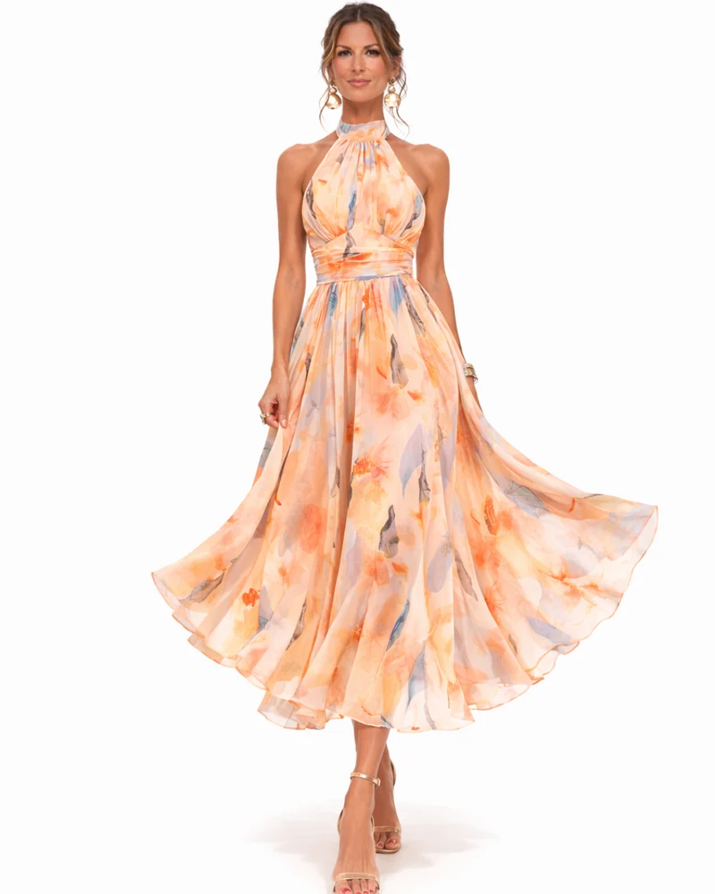 Aurore | Robe à Encolure Halter et Imprimé Aquarelle