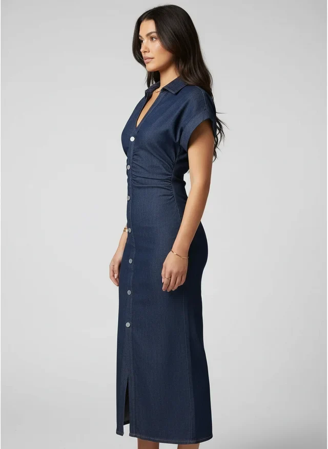 Robe Denim Plissée à Manches Courtes Style Chic Urbain