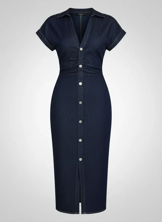 Robe Denim Plissée à Manches Courtes Style Chic Urbain