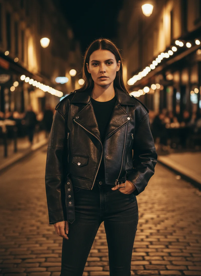 Veste courte en similicuir style moto chic