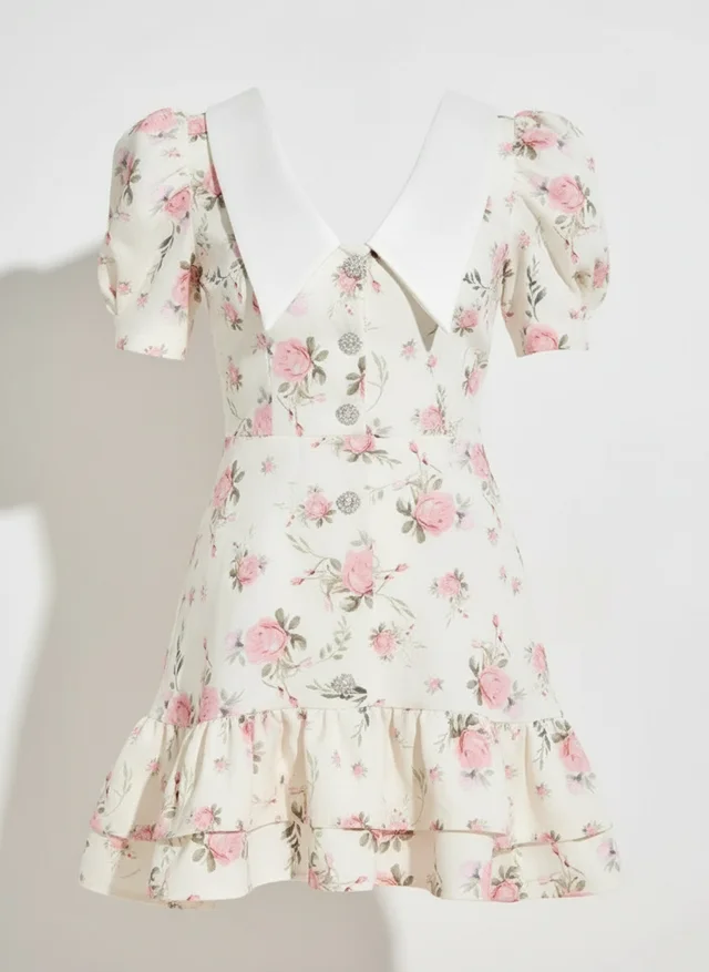 Robe mini à manches bouffantes col V taille haute