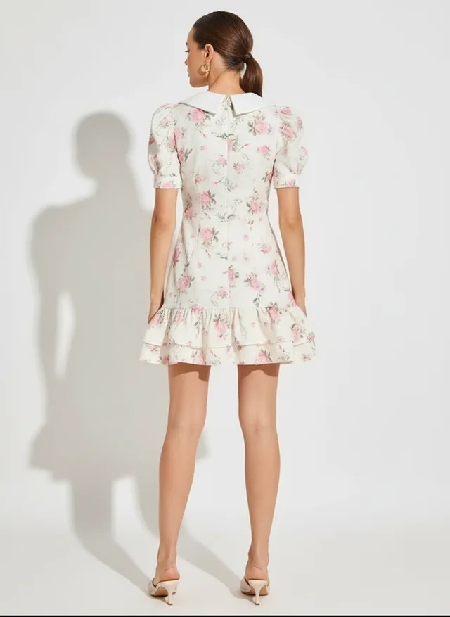 Robe mini à manches bouffantes col V taille haute