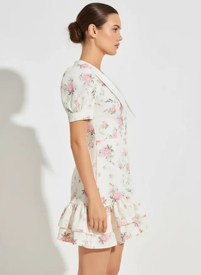 Robe mini à manches bouffantes col V taille haute