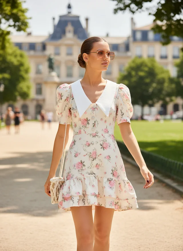 Robe mini à manches bouffantes col V taille haute