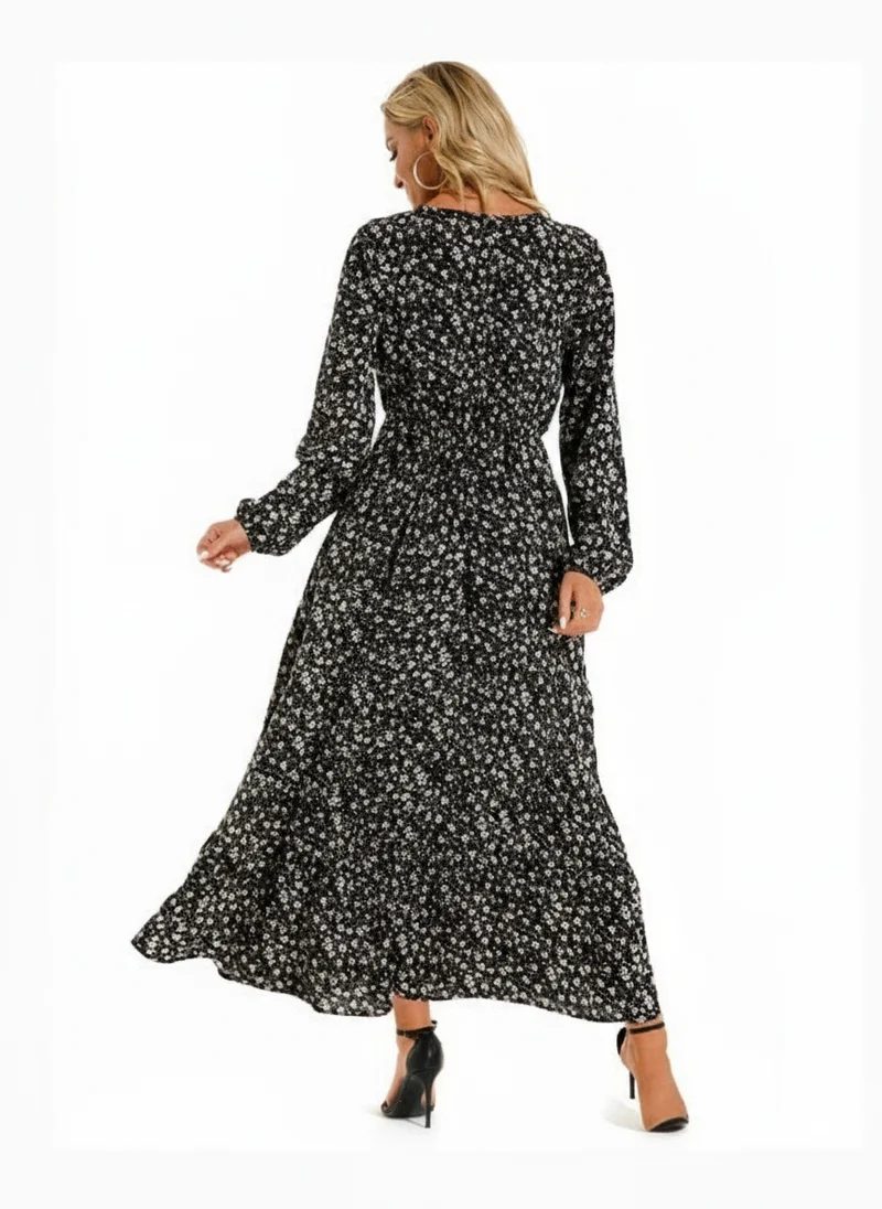 Robe Maxi Bohémienne Femme Printemps-Été, Manches Longues, Taille Haute, Chiffon Floral