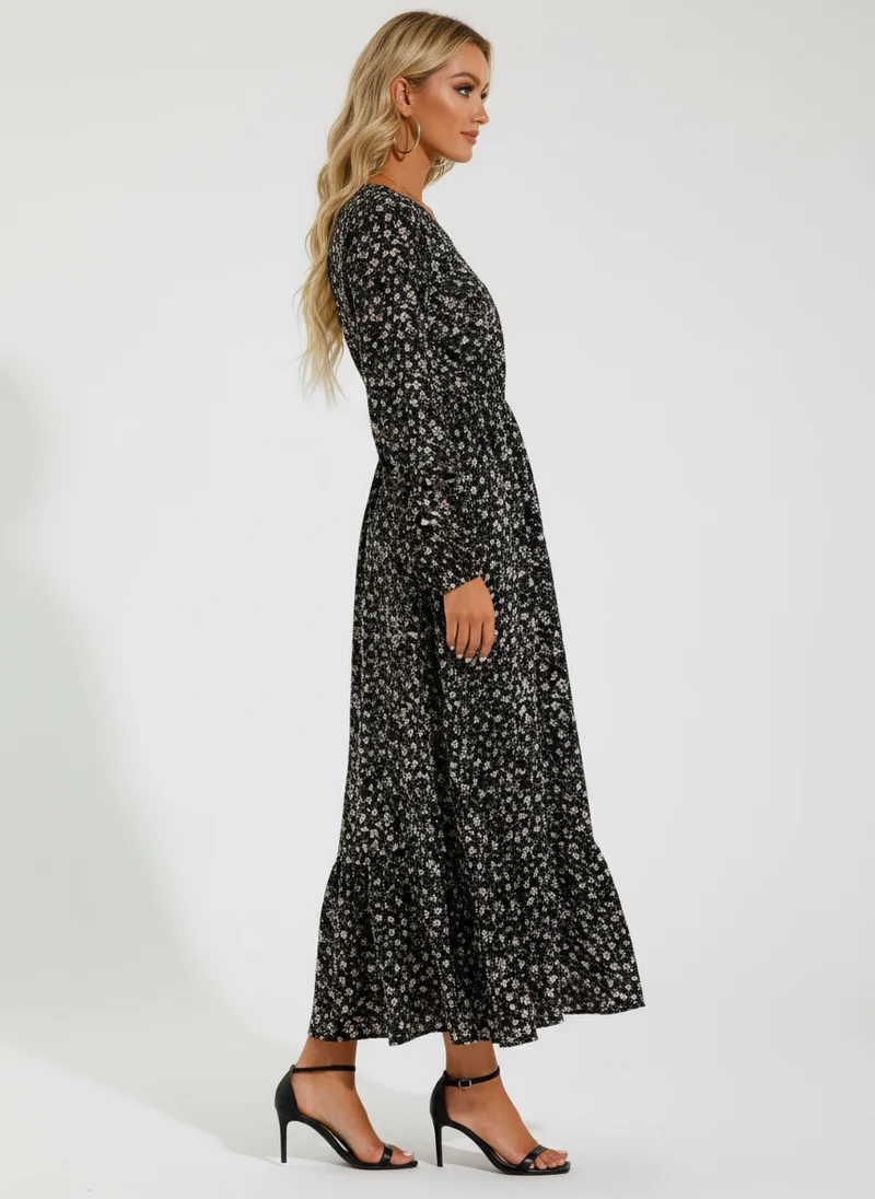 Robe Maxi Bohémienne Femme Printemps-Été, Manches Longues, Taille Haute, Chiffon Floral