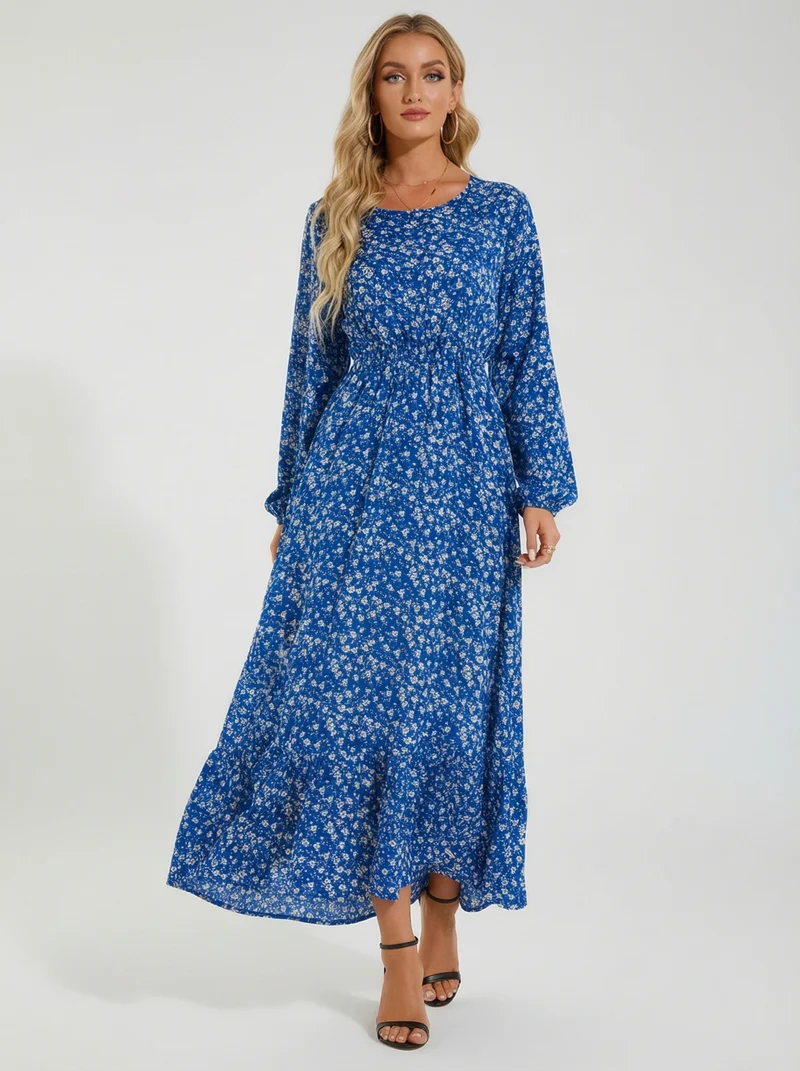 Robe Maxi Bohémienne Femme Printemps-Été, Manches Longues, Taille Haute, Chiffon Floral
