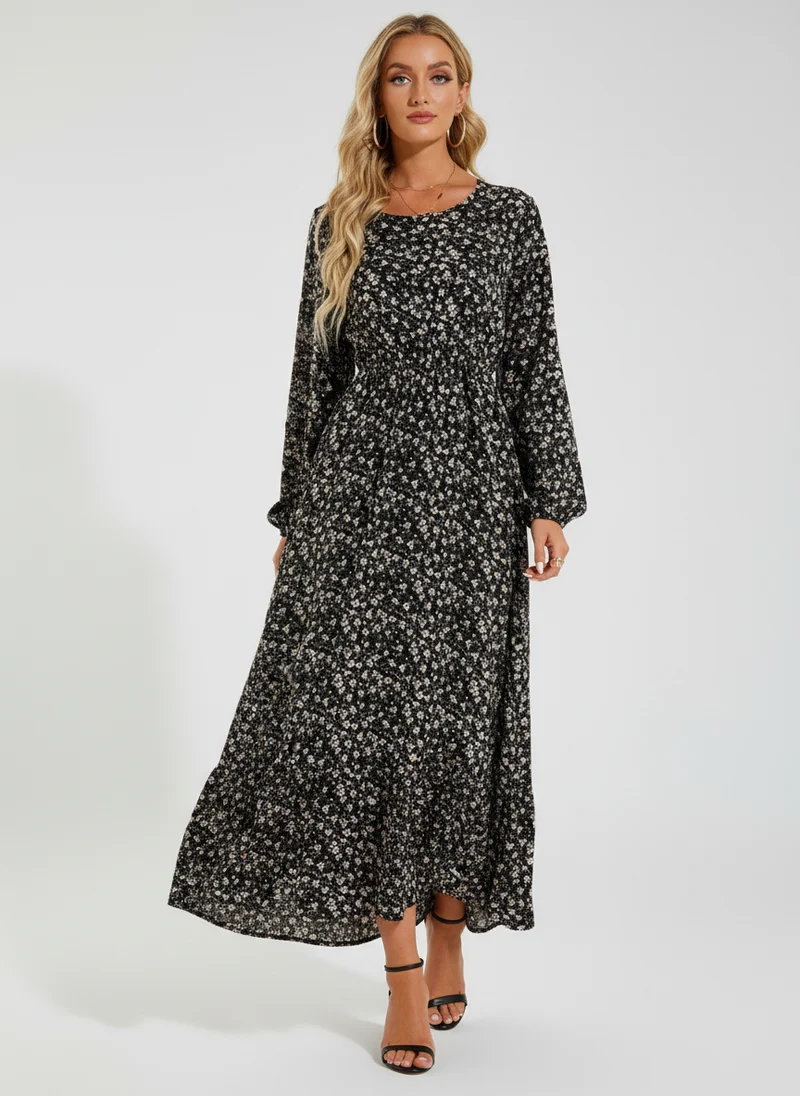Robe Maxi Bohémienne Femme Printemps-Été, Manches Longues, Taille Haute, Chiffon Floral