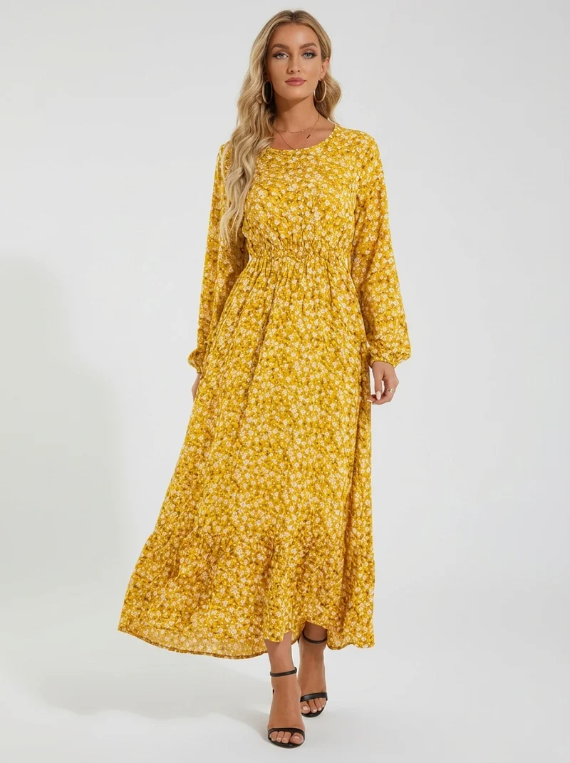 Robe Maxi Bohémienne Femme Printemps-Été, Manches Longues, Taille Haute, Chiffon Floral