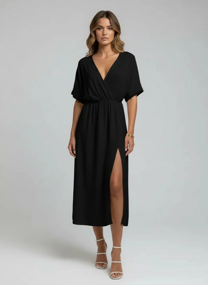 Robe Midi Portefeuille Élégante à Fente Latérale et Manches Trois-Quarts