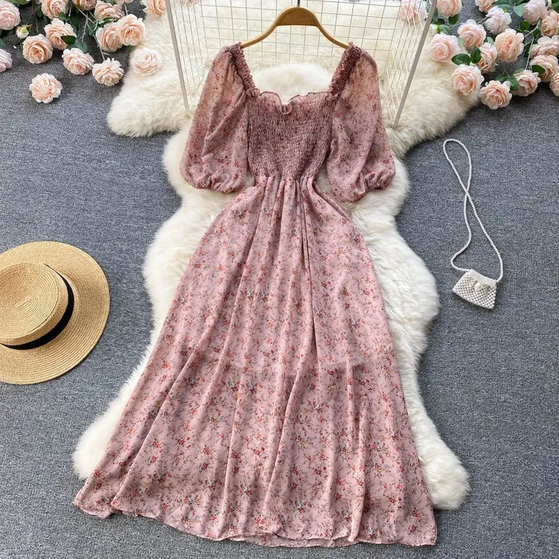 Robe de fête en chiffon floral à manches bouffantes