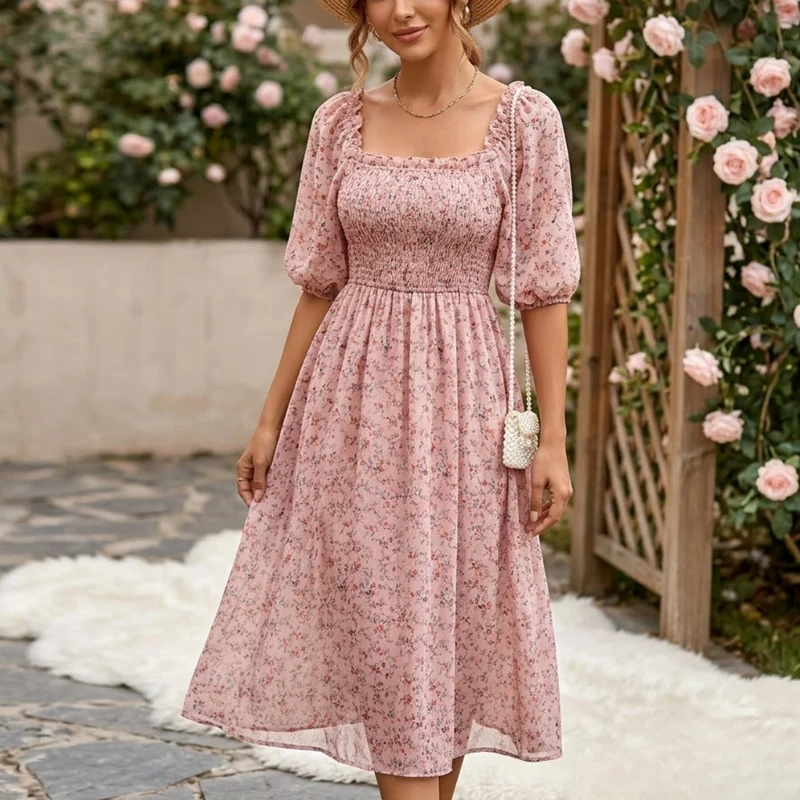Robe de fête en chiffon floral à manches bouffantes