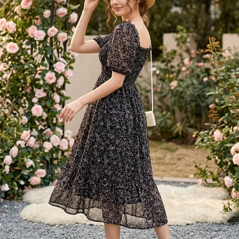 Robe de fête en chiffon floral à manches bouffantes