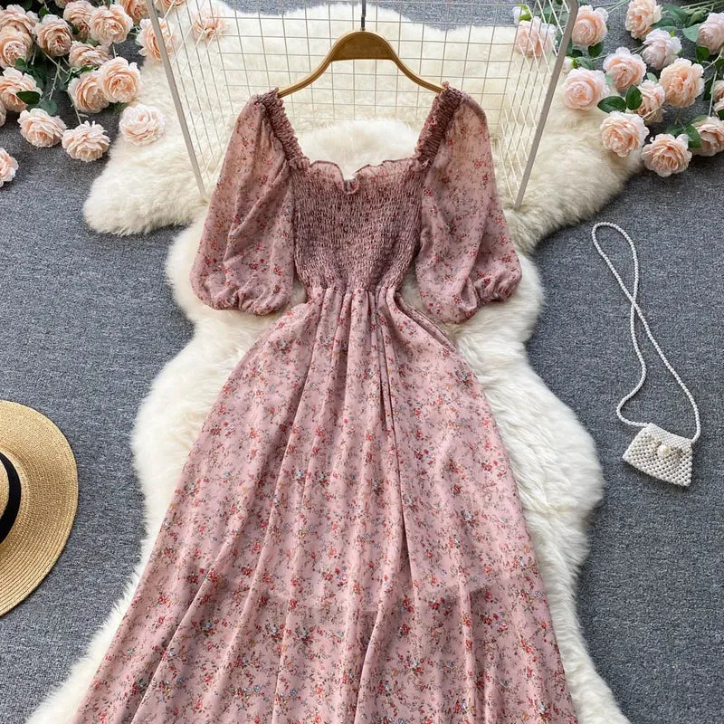 Robe de fête en chiffon floral à manches bouffantes
